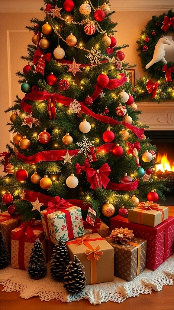 A decorated Christmas tree with gifts and festive decor in a cozy living room.